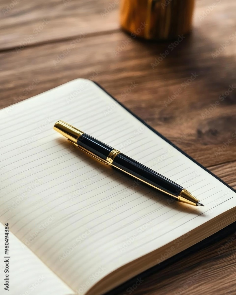 Elegant pen resting on a blank notebook, symbolizing creativity and inspiration, perfect for office or study settings. Elegant pen resting on a blank notebook, symbolizing creativity and inspiration, perfect for office or study settings.