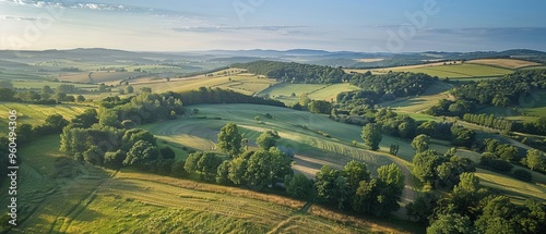 Panoramic Aerial View of Vast Agricultural Fields and Farms Beneath Clear Skies