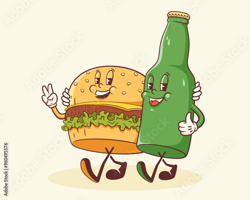 Groovy Burger and Beer Retro Character Illustration. Cartoon Hamburger and Bottle Walking Smiling Vector Food Mascot Template Happy Vintage Cool Fast Food Rubber Hose Style Drawing Isolated
