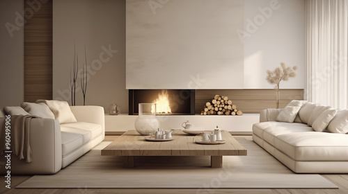 Plan sur un salon de couleurs claires et épurées, dans les tons blanc et beige. Luxe. Sofa, télé, table. Décorations, lumières douces. Pour conception et création graphique.