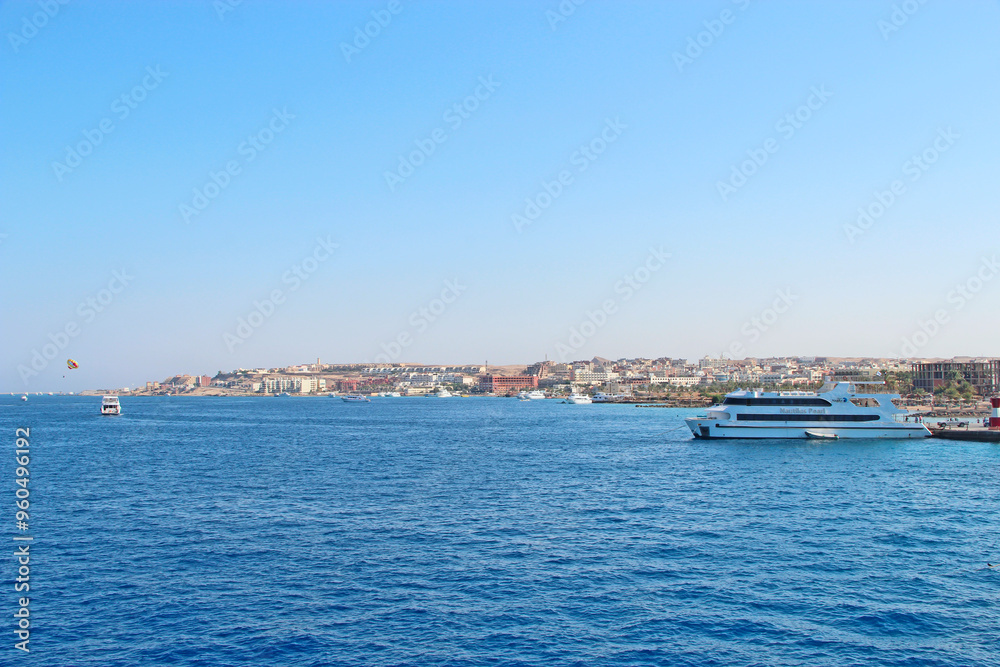 Panorama with view of central part of Hurghada. Tropical resort from sea Panorama with view of central part of Hurghada. Tropical resort from sea