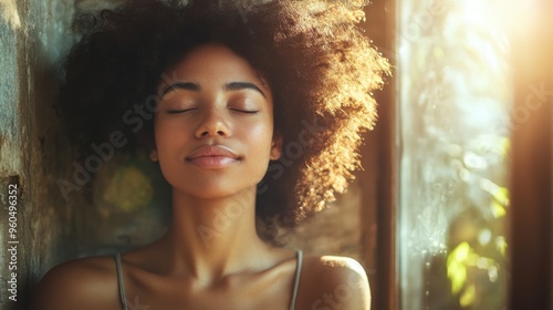 A person relaxing with closed eyes, soothing expression, natural sunlight filtering in, peaceful ambiance, digital detox moment, embracing tranquility, clear and calming composition