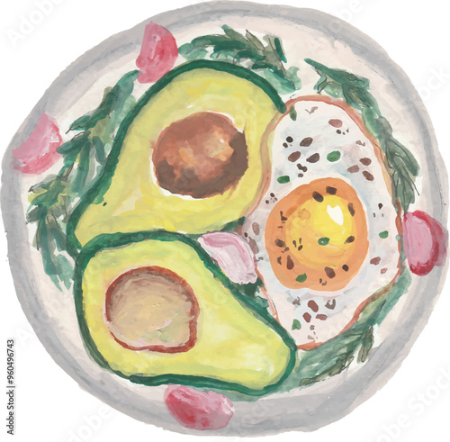 avocado sunny side egg breakfast watercolour illustration