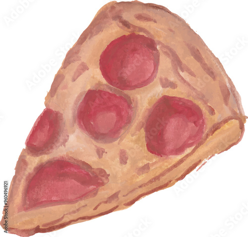 a slice of pepperoni pizza hand drawn watercolour