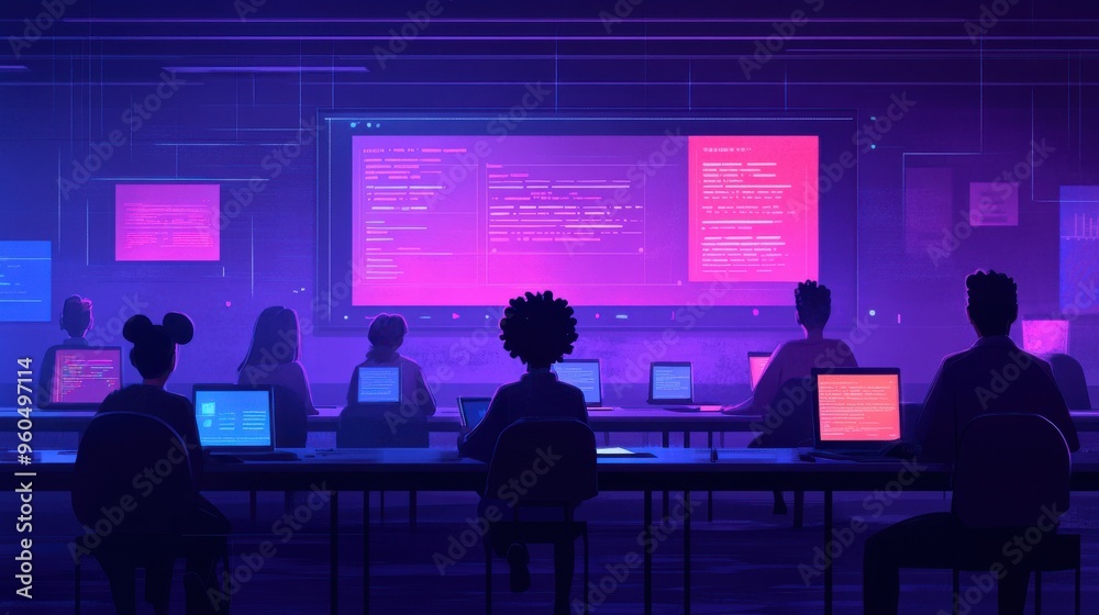 Vibrant virtual classroom with engaged students collaborating on projects, colorful digital tools enhancing learning experience, lively atmosphere. Vibrant virtual classroom with engaged students collaborating on projects, colorful digital tools enhancing learning experience, lively atmosphere.