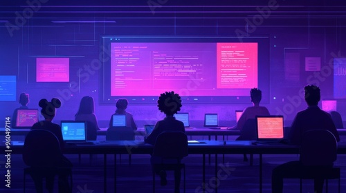 Vibrant virtual classroom with engaged students collaborating on projects, colorful digital tools enhancing learning experience, lively atmosphere.
