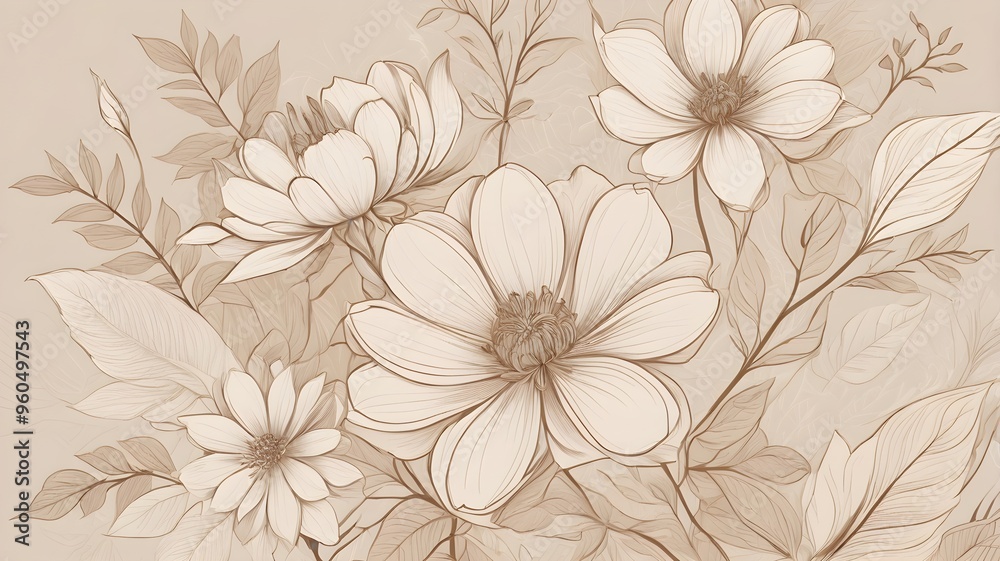 An elegant floral background featuring hand-drawn flower elements in soft neutral beige tones. The intricate line art creates a sophisticated and timeless design, perfect for wedding invitations, card An elegant floral background featuring hand-drawn flower elements in soft neutral beige tones. The intricate line art creates a sophisticated and timeless design, perfect for wedding invitations, card