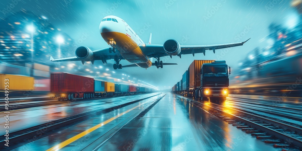 A vibrant scene of global transportation with an airplane, freight train, and shipping containers in a busy, illuminated port. A vibrant scene of global transportation with an airplane, freight train, and shipping containers in a busy, illuminated port.