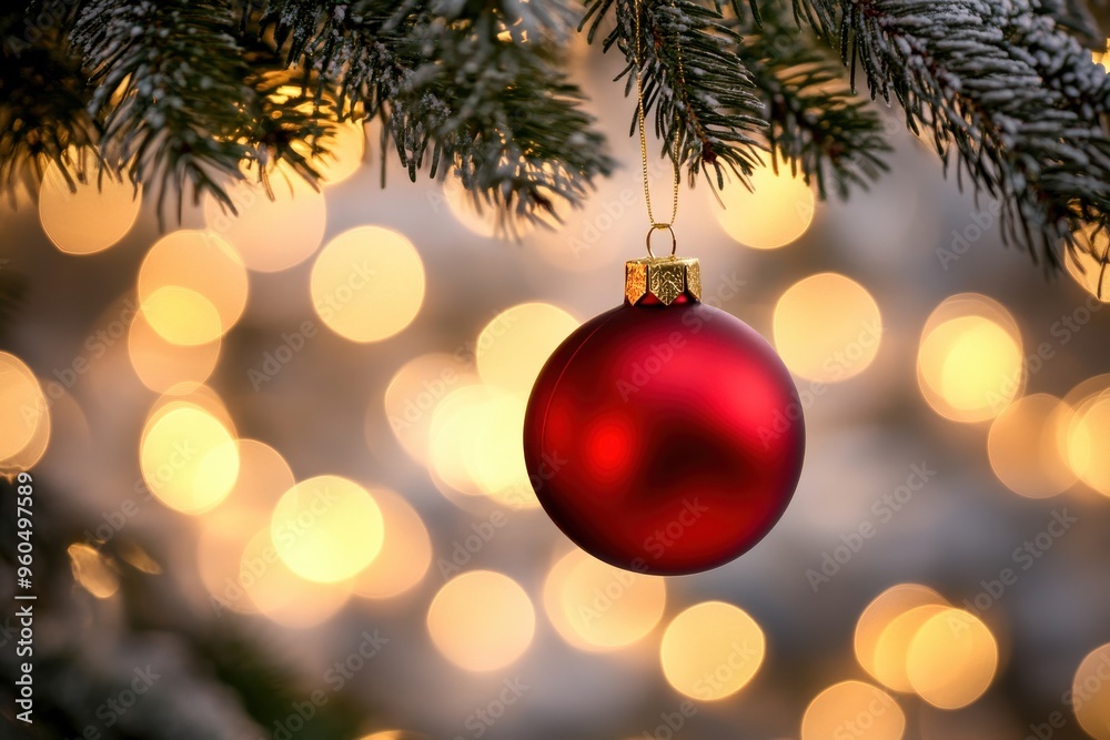 A shimmering red ornament dangles elegantly from frosted branches, surrounded by warm golden lights that create a festive and inviting atmosphere A shimmering red ornament dangles elegantly from frosted branches, surrounded by warm golden lights that create a festive and inviting atmosphere