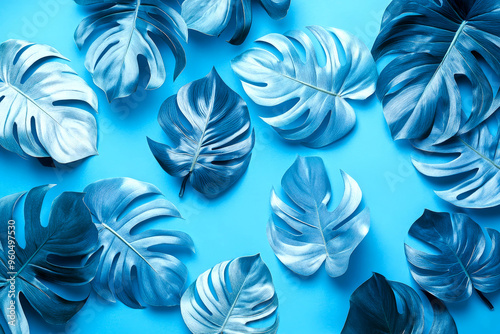 Blue tropical leaves and foliage on blue background.