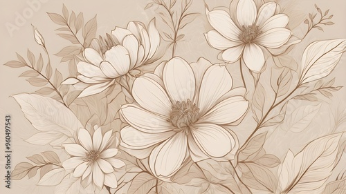 Wallpaper Mural An elegant floral background featuring hand-drawn flower elements in soft neutral beige tones. The intricate line art creates a sophisticated and timeless design, perfect for wedding invitations, card Torontodigital.ca