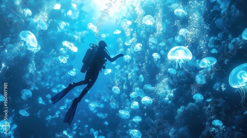 Diver in deep sea with glowing jelly fish