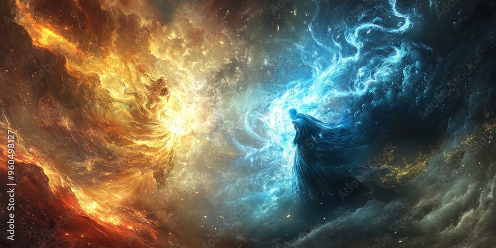 Fototapeta premium A figure in a dark cloak stands in blue light