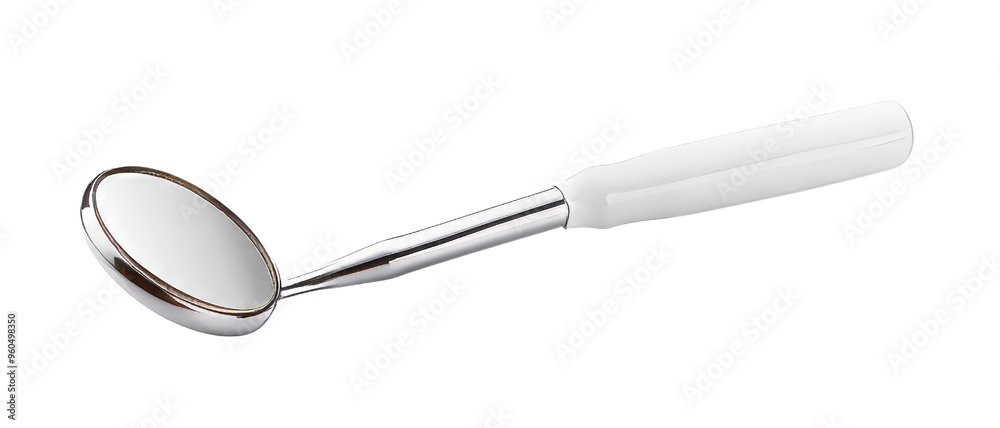 High-quality dental mirror with a silver handle and white grip, suitable for dental examinations and oral care, Clipart Element, Transparent Background.