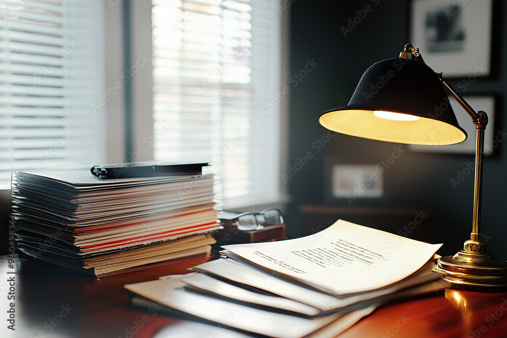 Obraz premium a detective's desk with case files, old-fashioned lamp, and a fedora hat