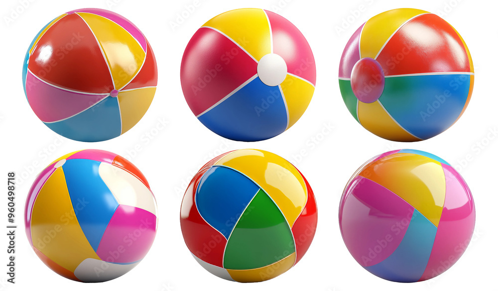 Colorful beach balls in different patterns isolated on transparent background