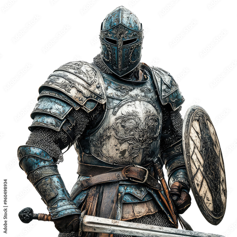 A knight in shining armor, ready for battle, stands with a shield and sword, his face obscured by a weathered helmet.