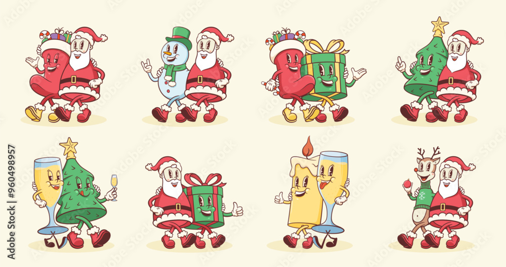 Naklejka premium Groovy Christmas Retro Characters Set. Cartoon Santa, Tree, Reindeer, Snowman, Gift Box Vector Winter Holiday Mascot Templates. Happy Vintage Cool New Year Personage Illustrations Collection Isolated