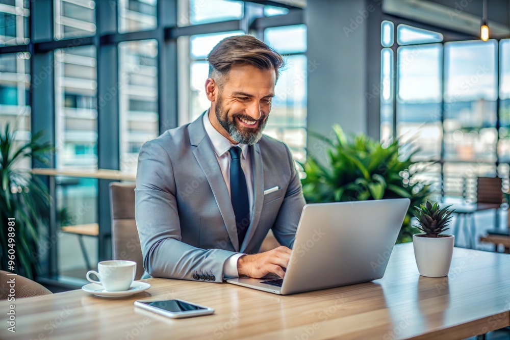 Businessman smiling while working on laptop in office Businessman smiling while working on laptop in office