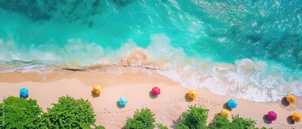 Fototapeta premium Serene Beach Paradise with Colorful Umbrellas from Above