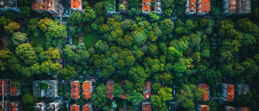 Fototapeta premium Vibrant Urban Jungle: High-Resolution Aerial View of a Dense Urban Area with Parks