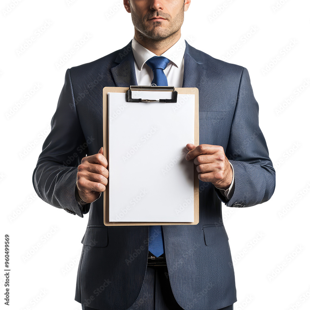 A businessman confidently holds a clipboard with a blank white sheet, ready for your message. A businessman confidently holds a clipboard with a blank white sheet, ready for your message.