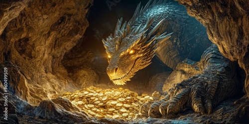 A dragon guarding a pile of gold coins in a