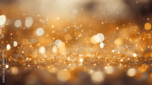 Particules et confettis scintillants et brillants volant sur fond flou et coloré. Paillettes dorées et colorées. Fond pour bannière, conception et création graphique.