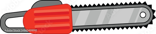 Red and grey cartoon chainsaw lying horizontally with sharp teeth
