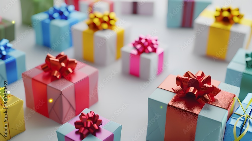 Fototapeta premium Colorful Christmas gift boxes collection, Christmas tape rope, on a white background, banner for website.