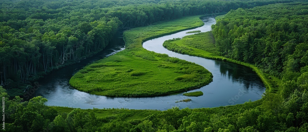 Serene Aerial Landscape: Meandering River Flowing Through Lush Forest Canopy