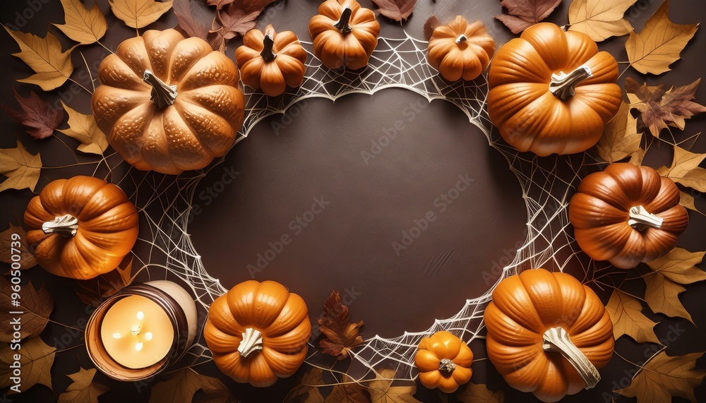 Pumpkins and candles in a wreath made of leaves, halloween holiday Pumpkins and candles in a wreath made of leaves, halloween holiday
