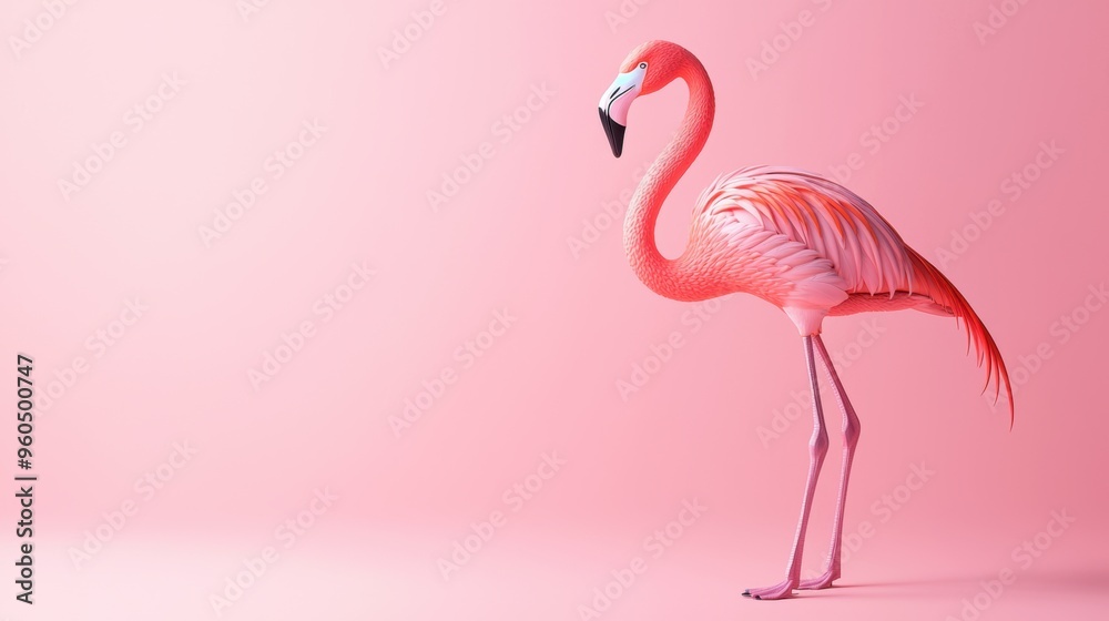 Fototapeta premium Elegant Pink Flamingo Standing Tall on Minimalist Pink Background