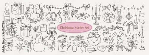 Collection of hand drawn line Christmas and New Year elements. Vintage monochrome doodle art stickers in retro style. Clipart of imperfect, curved lines drawn in ink for logos, posters, prints.