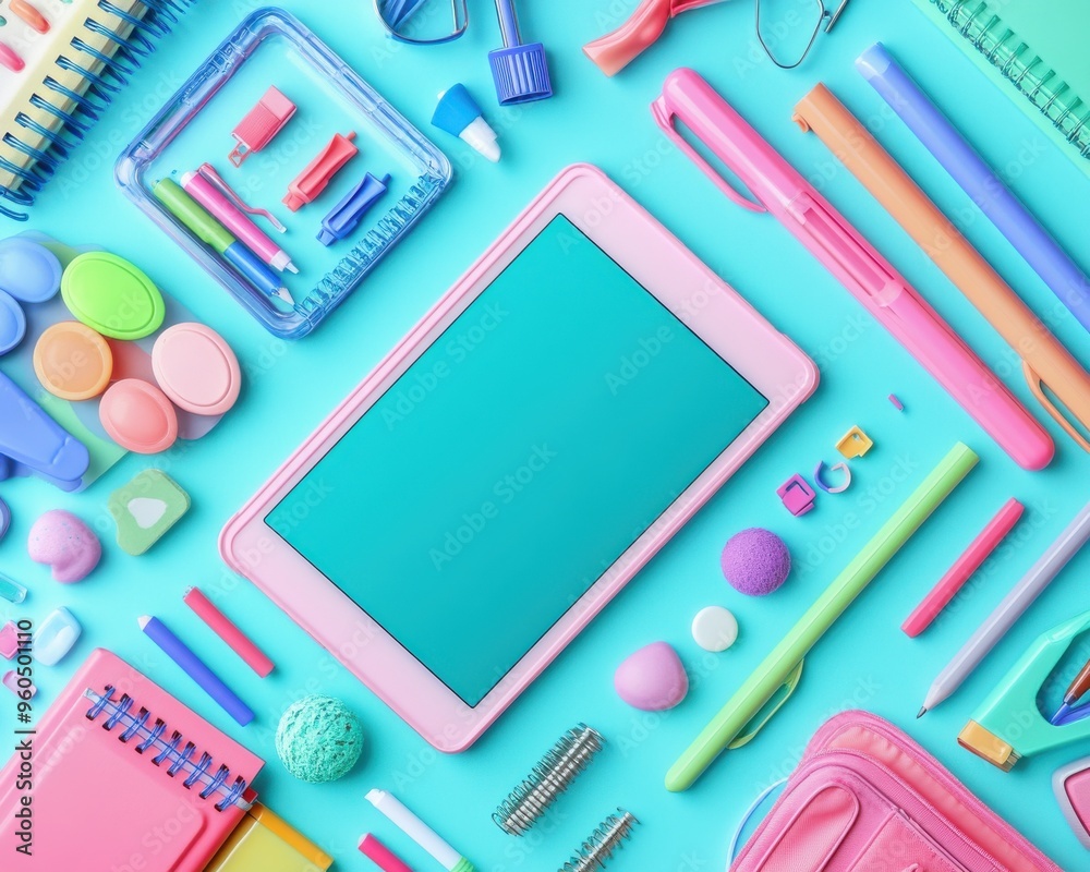 Artistic Arrangement of Remote Learning Tools, vibrant stationery, digital devices, organized workspace, inspiration for online education.