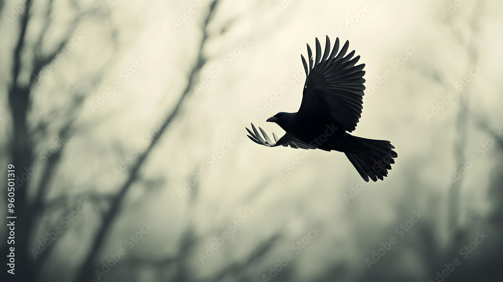 Fototapeta premium Beautiful black raven, crow in flight