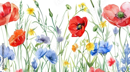 Watercolor Floral Meadow with Poppies, Bluebells, and Dandelions