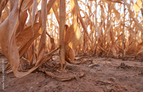 Drought corn field in summer photo