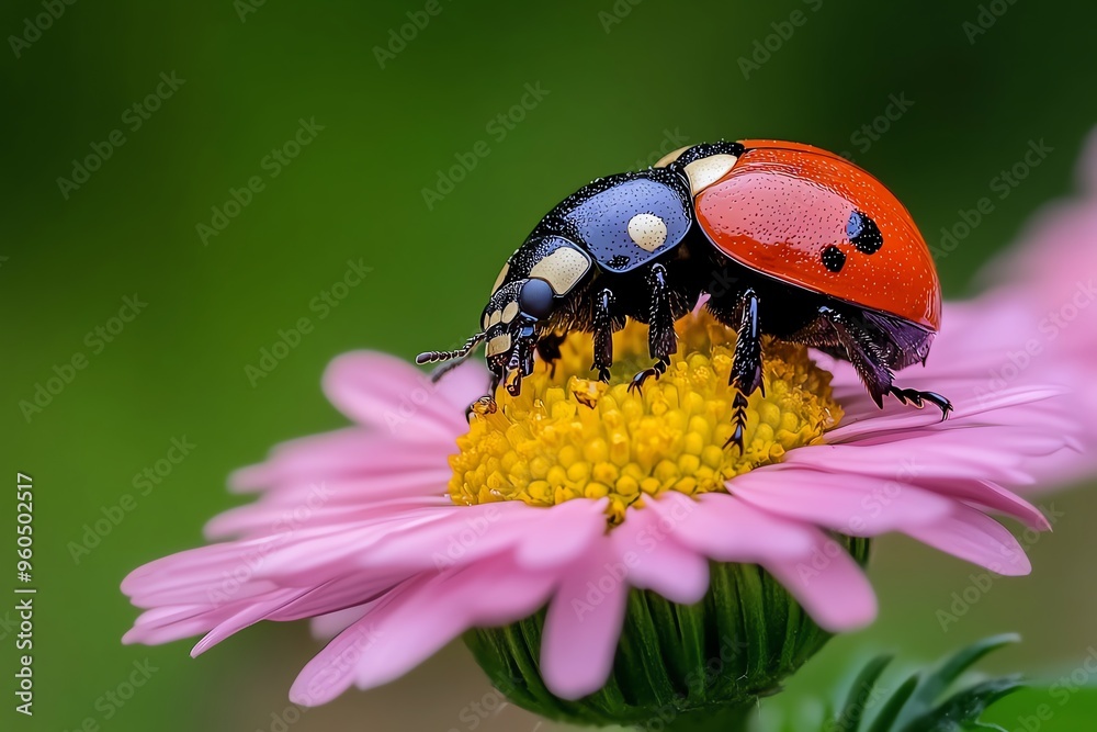 Fototapeta premium Beetles, resting on a flower, delicate contrasts bring life to the garden with their presence