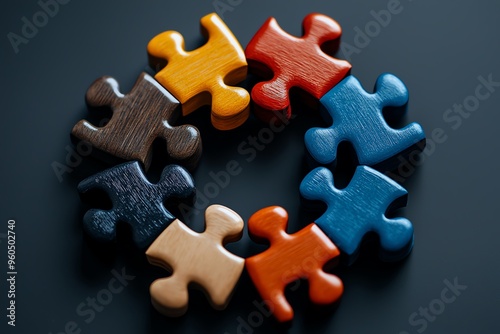 Colorful wooden puzzle pieces arranged in a circular pattern on a dark background, symbolizing unity and problem-solving.