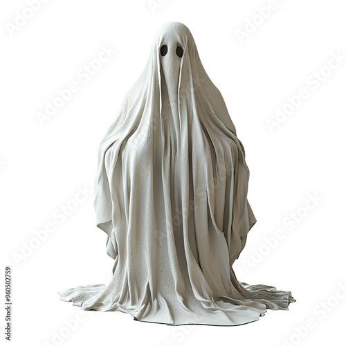 A spectral figure draped in white, its eyes peering through the fabric, evokes a chilling presence against a muted blue background.