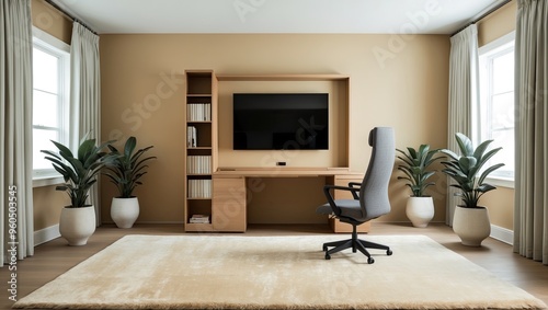 A multifunctional living room with a TV and study unit, featuring modern, contemporary, comfortable, and functional space. photo