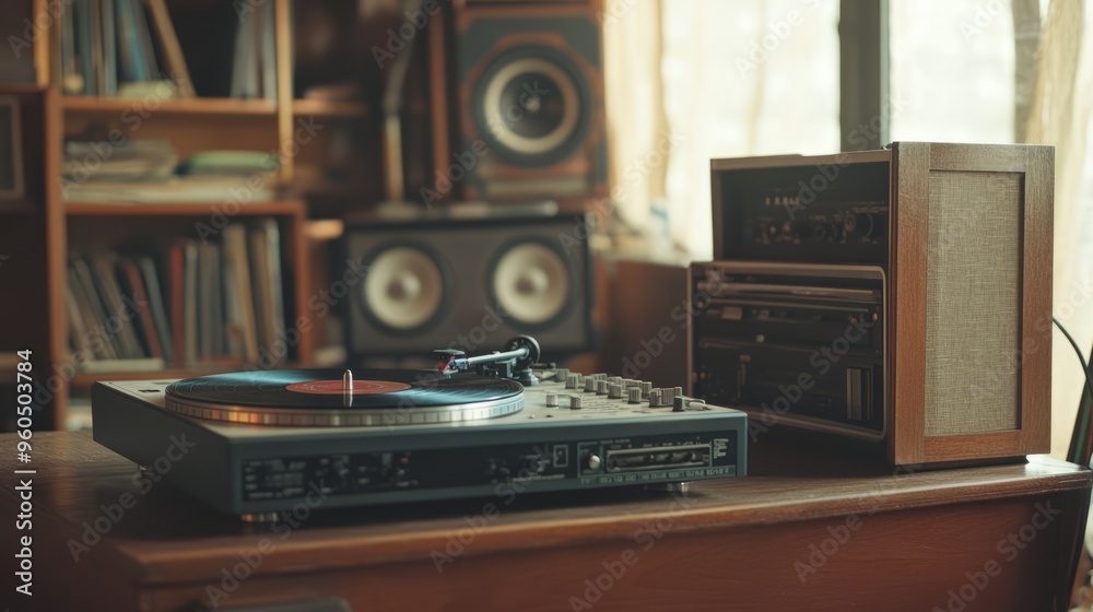 Fototapeta premium Vintage Turntable Revival: Classic Vinyl Sounds with Retro Amp & Speakers