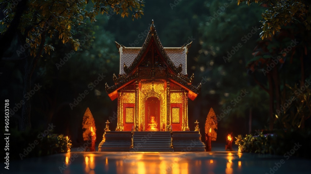 Obraz premium Illuminated Buddhist Temple Pagoda Glowing in Nighttime Atmosphere
