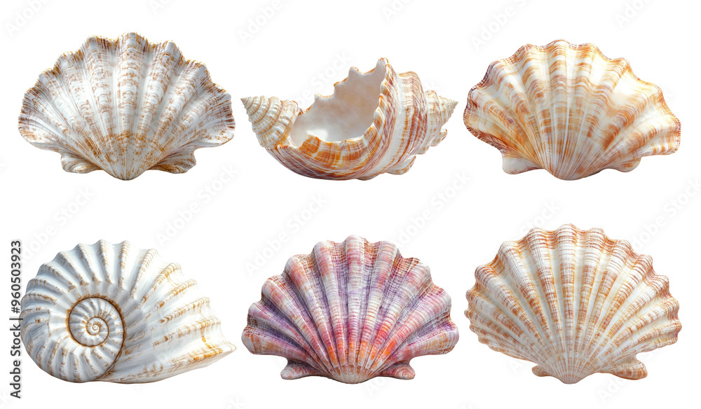 Seashells and ammonite fossils set in natural tones isolated on transparent background Seashells and ammonite fossils set in natural tones isolated on transparent background
