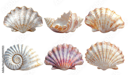 Seashells and ammonite fossils set in natural tones isolated on transparent background