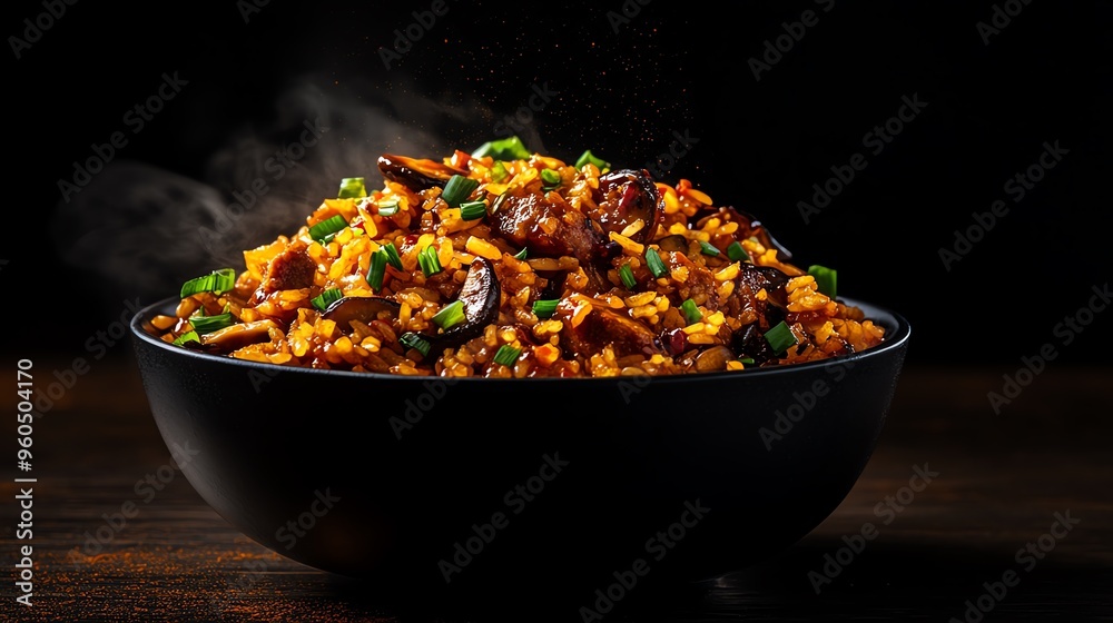 A bowl of Cantonesestyle clay pot rice with Chinese sausage, mushrooms, and soy sauce, garnished with green onions A bowl of Cantonesestyle clay pot rice with Chinese sausage, mushrooms, and soy sauce, garnished with green onions