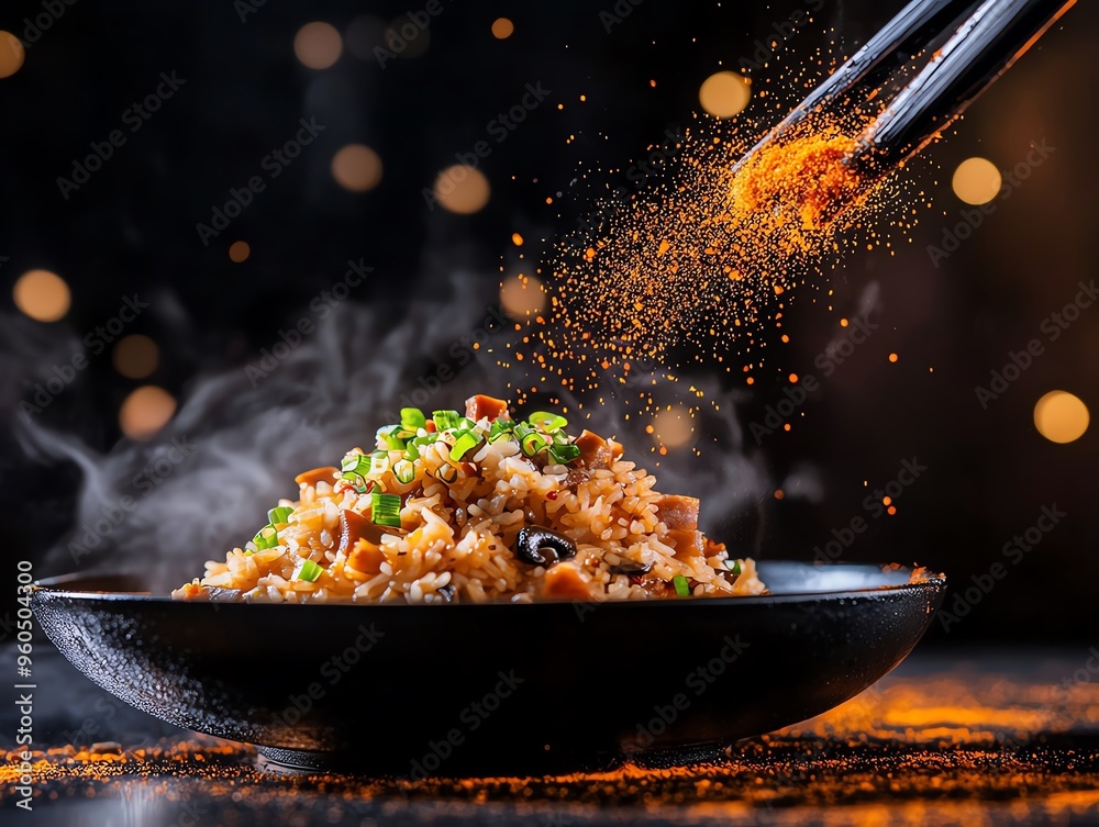 A bowl of Cantonesestyle clay pot rice with Chinese sausage, mushrooms, and soy sauce, garnished with green onions A bowl of Cantonesestyle clay pot rice with Chinese sausage, mushrooms, and soy sauce, garnished with green onions