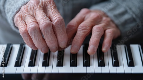 A close-up of an elderly man s hands as he plays a grand piano, fingers gracefully moving over the keys photo