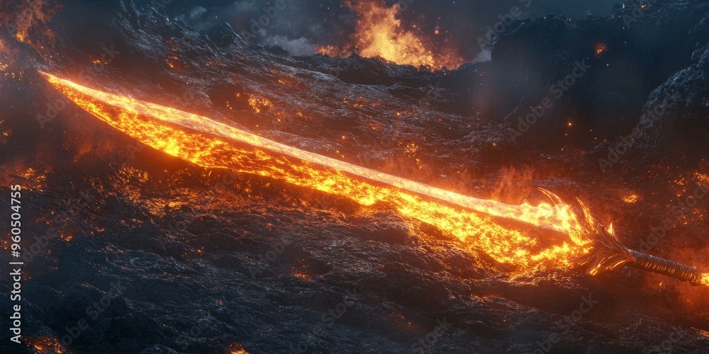 Naklejka premium Fiery sword resting on volcanic rock.
